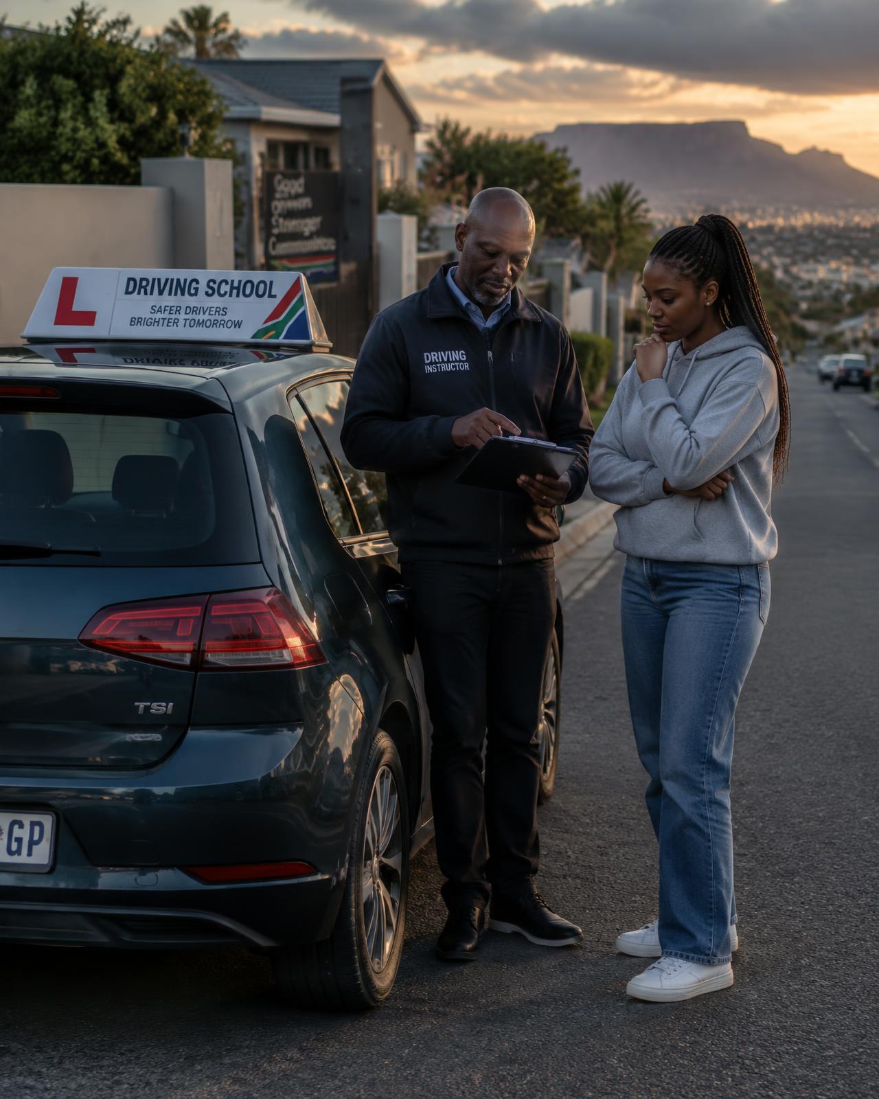 Driving instructor going through a lesson plan with a learner in Benoni