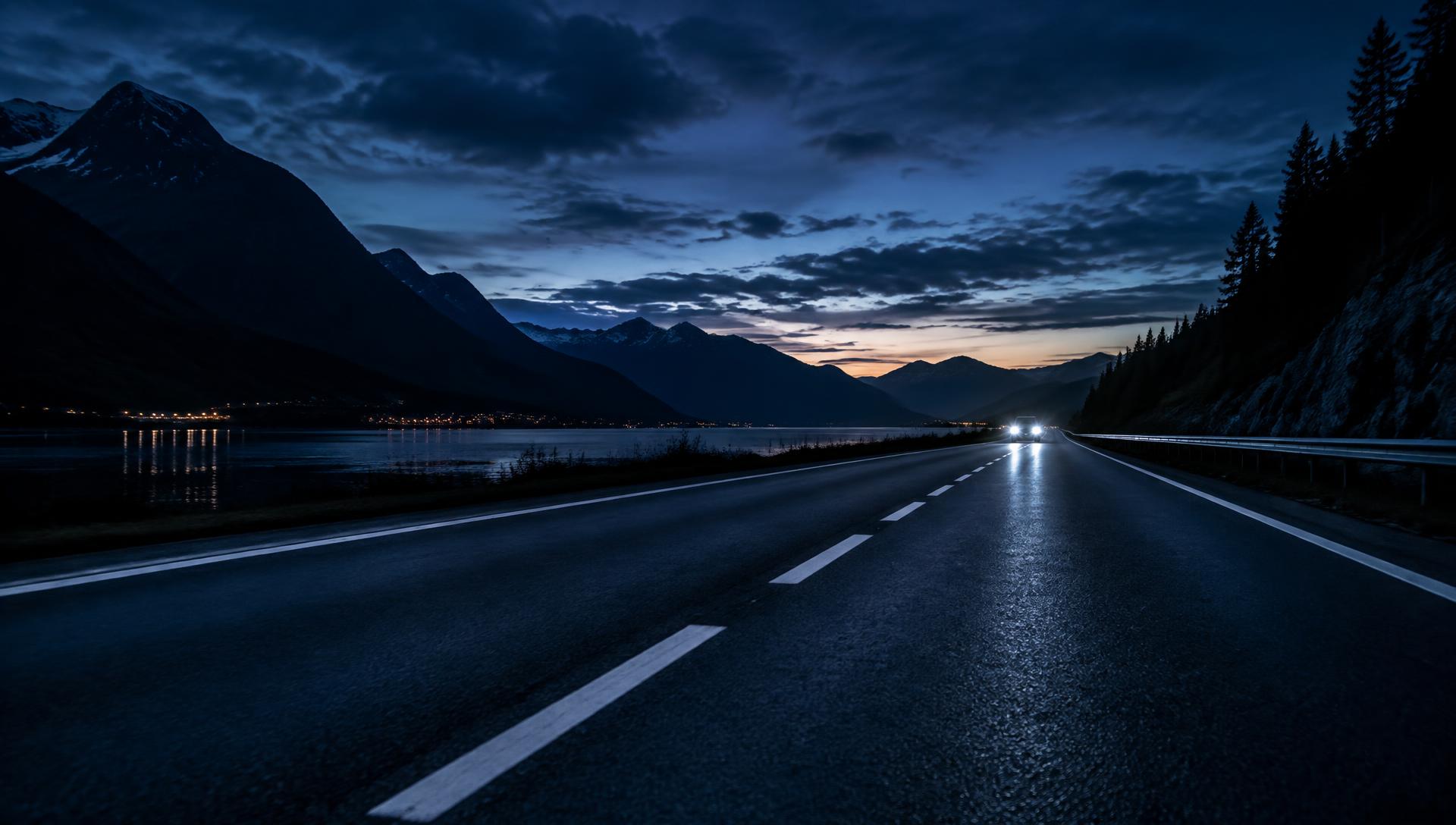 Open road at dusk with bright road markings